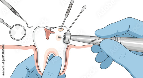 Illustration of a dentist using a dental drill on a tooth with a dental mirror and other tools nearby.