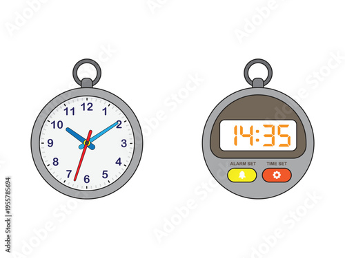 Set of Analog and Digital Pocket Watch Vector Illustration