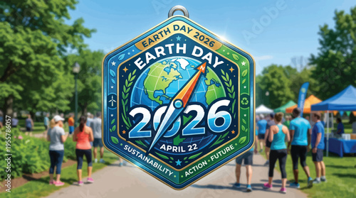 Earth Day 2026 Celebration Event Badge Vector Design with Compass and Globe