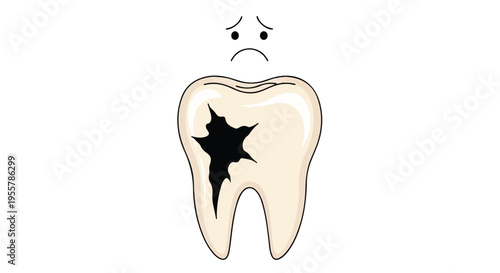 A cartoon tooth with a sad face and a large black crack on a white background.