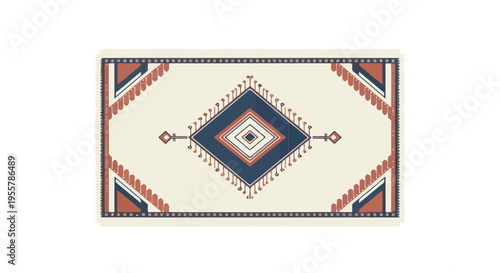 Geometric patterned rug with blue, orange, and white design on cream background with decorative border
