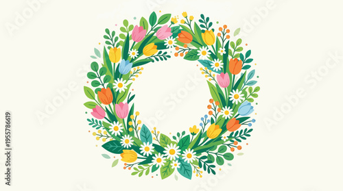 Beautiful Spring Wreath Decorated with Fresh Tulips and Daisies on a Light Background