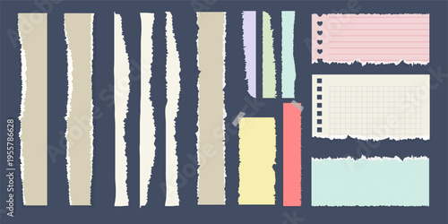 Realistic torn notebook paper strips and ripped note sheets set, tattered paper pieces and collage texture elements