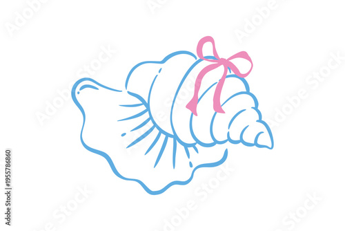 Cute hand drawn seashell with a pink bow, vector illustration of a marine mollusk shell for summer design