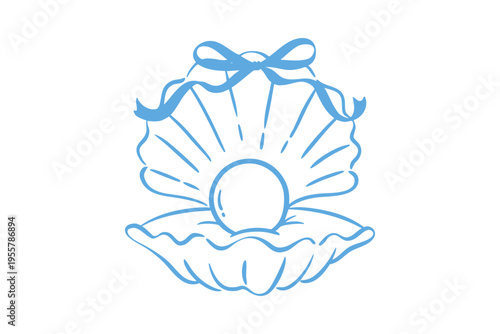 Cute hand drawn pearl in an open seashell with a ribbon bow, vector illustration