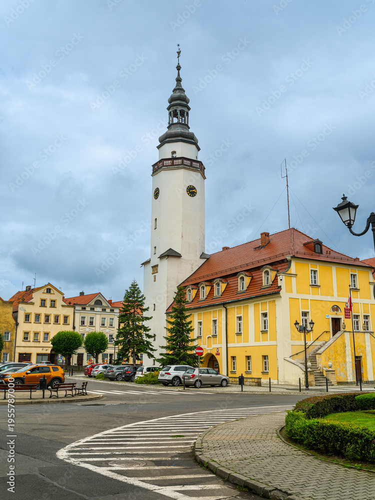 Fototapeta premium 2025-07-18; Historic town hall with clock tower in Mirsk, Poland.