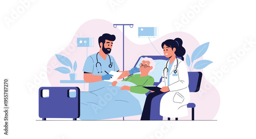 Medical professionals providing care to an elderly patient in a hospital bed with advanced monitoring equipment shown.