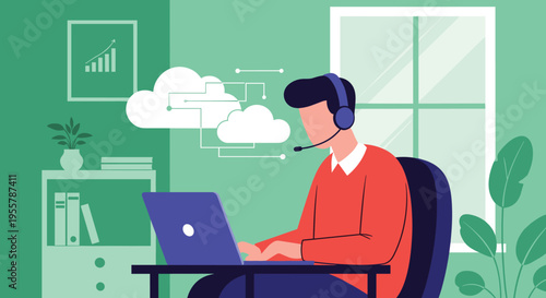 Customer support representative wearing a headset and working on a laptop in a modern office with cloud computing icons.
