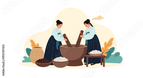 Two women dressed in traditional Korean clothing working together to pound rice in a large mortar using long wooden pestles.