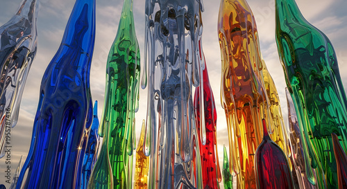 A low angle view of colorful glass sculptures standing tall against a bright and cloudy day sky