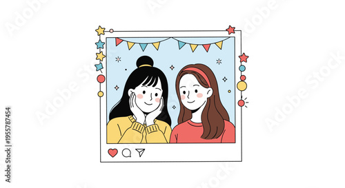 Two young female friends posing for a social media photo inside a decorated frame with stars, flags, and various heart icons.