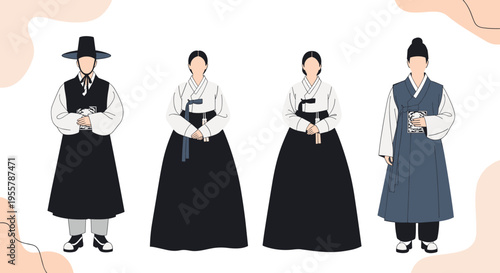 Group of four people wearing traditional Korean hanbok garments in various styles and colors representing cultural heritage.