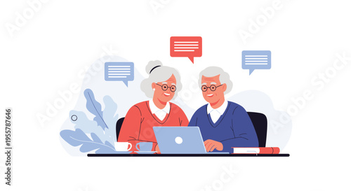 Senior couple looking at a laptop screen together and smiling while chat bubbles appear above them in a cozy indoor setting.