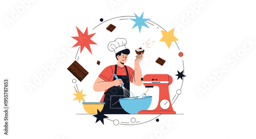 Male chef in a white hat and apron preparing chocolate cupcakes using a stand mixer and various baking ingredients and tools.