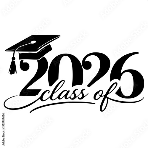Modern graduation design showing "2026" in vertical layout, black typography with smooth curves, mortarboard cap above numbers, clean white background.