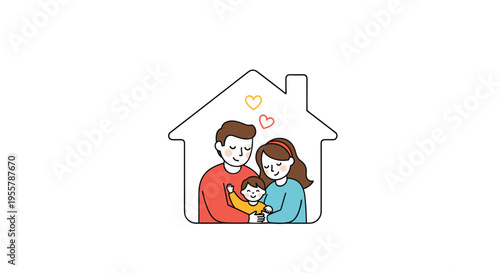 Simple line drawing of a happy family consisting of a father, mother, and child inside the outline of a house with hearts.
