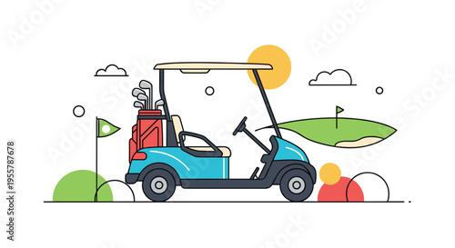 Modern blue golf cart parked on a green golf course with a bag of clubs and flags against a sunny sky background.
