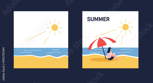 Two scenes illustrating summer safety with a bright sun over the ocean and a woman sitting under a beach umbrella for shade.