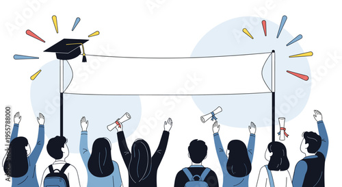 Happy graduates celebrating their achievement by throwing mortarboards and holding diplomas in front of a blank banner.