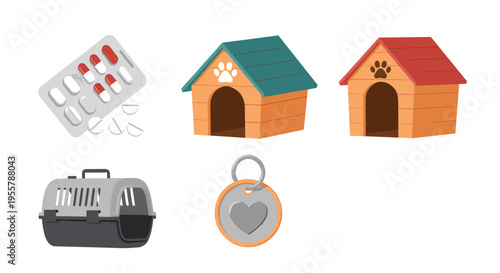Essential pet care accessories including a carrier, medicine, two wooden dog houses, and a heart-shaped identification tag.