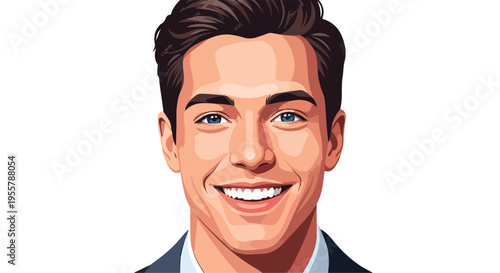 Illustration of a smiling young man with short brown hair against a white background.