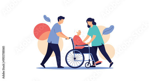 Compassionate caregivers providing assistance to an elderly man in a wheelchair against a soft and colorful abstract backdrop.