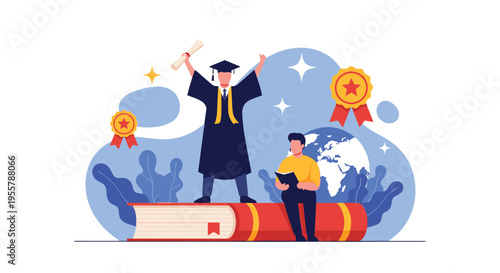 Graduate standing proudly on a giant book with a diploma, representing academic achievement and global learning success.