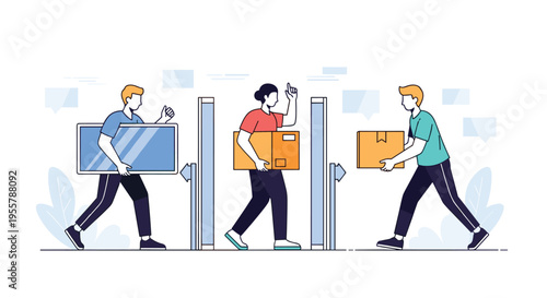 Group of people carrying boxes and household appliances like a television while moving into a new home in a line art style.