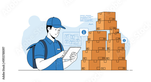 Diligent delivery worker in a blue uniform checking his digital tablet next to a large stack of cardboard shipping boxes.