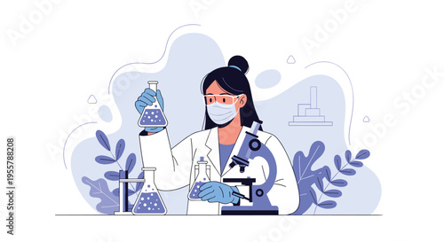 Lab technician wearing a mask and goggles while examining chemical samples with flasks and a microscope in a research lab.