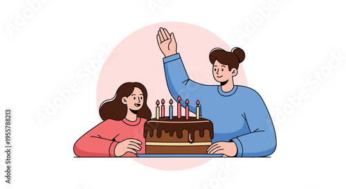 Two friends happily celebrating a birthday together with a large frosted chocolate cake decorated with several lit candles.