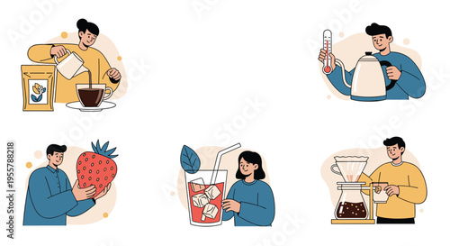Collection of characters preparing and savoring various drinks like iced tea, coffee, and fresh juice in a flat style.