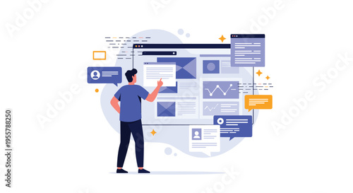 Web developer interacting with a large digital screen featuring various user interface elements, data charts, and messages.