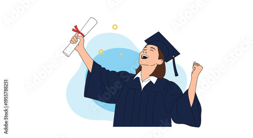Joyful female graduate in a cap and gown cheering enthusiastically while holding her diploma scroll high in the air.