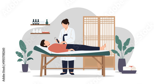 Professional practitioner providing traditional therapy to a patient on a massage table in a peaceful clinic environment.