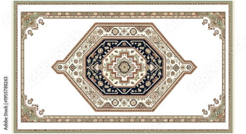 Intricately designed oriental rug with a central octagonal pattern in shades of blue, beige, and brown on a white background.