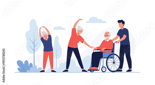 Group of active seniors performing stretching exercises in a park with a young caregiver assisting a man in a wheelchair.