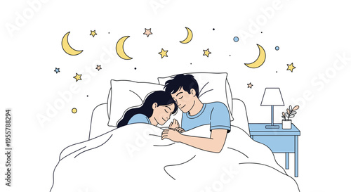 Young couple sleeping comfortably in a cozy bed under a magical night sky filled with stars and glowing crescent moons.