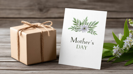 Mother's Day card featuring floral design with a wrapped gift box, natural twine, and small purple flowers symbolizing love, appreciation, and celebration for mothers on a rustic wooden surface