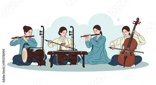 Female musicians in traditional Korean hanbok playing various classical instruments like the cello, flute, and traditional drums.