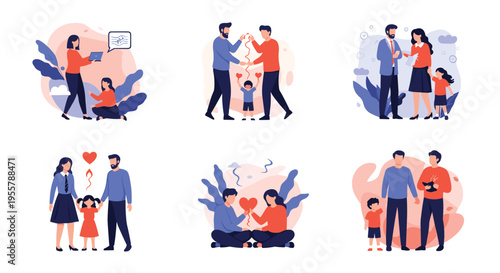 Various scenes showing family members and professionals engaging in counseling, therapy, and supportive social interactions.