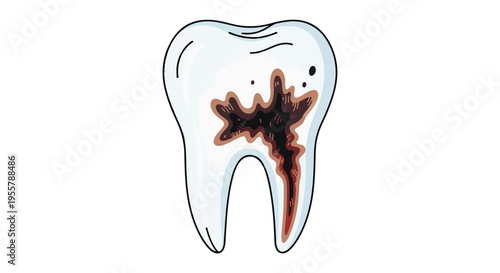 Illustration of a tooth with a large cavity on a white background, showing decay and damage.