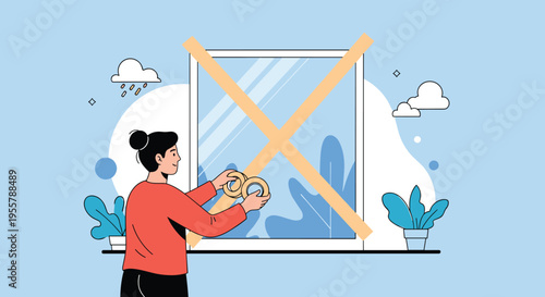 Woman applying adhesive tape in an X shape on a glass window to prepare for a storm or hurricane in a rainy weather.