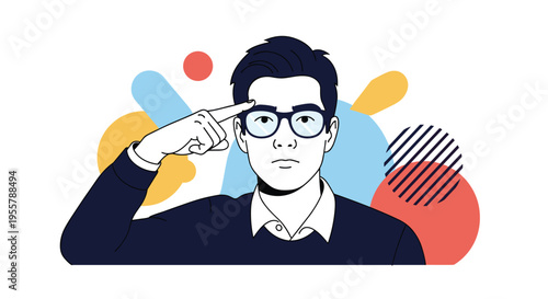 Serious young man wearing glasses pointing to his head as if thinking or having an idea against an abstract colorful background.