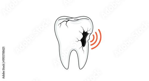 Illustration of a tooth with a crack and a red sonic wave emanating from a cavity on a white background.