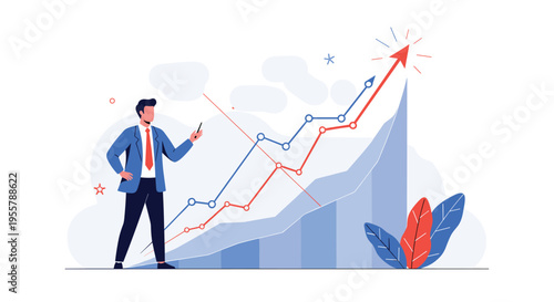 Businessman looking at a smartphone next to an upward trending graph representing success, growth, and financial profit.