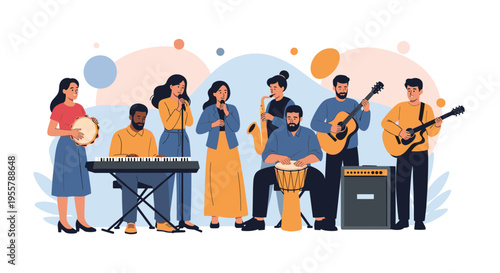 Diverse musical band with singers, guitarists, saxophonist, drummer, and keyboardist performing together on a colorful stage.