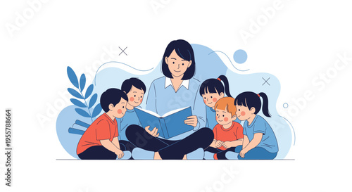Kind female teacher sitting on the floor and reading an interesting storybook to a group of attentive young children.