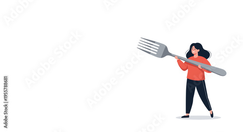Small woman character carrying a giant silver fork against a plain white background representing food, dining, or hunger.