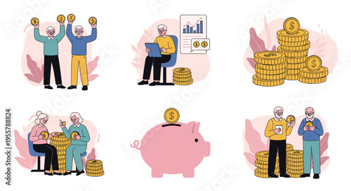 Various scenes showing elderly people managing their finances, saving money in a piggy bank, and celebrating financial success.